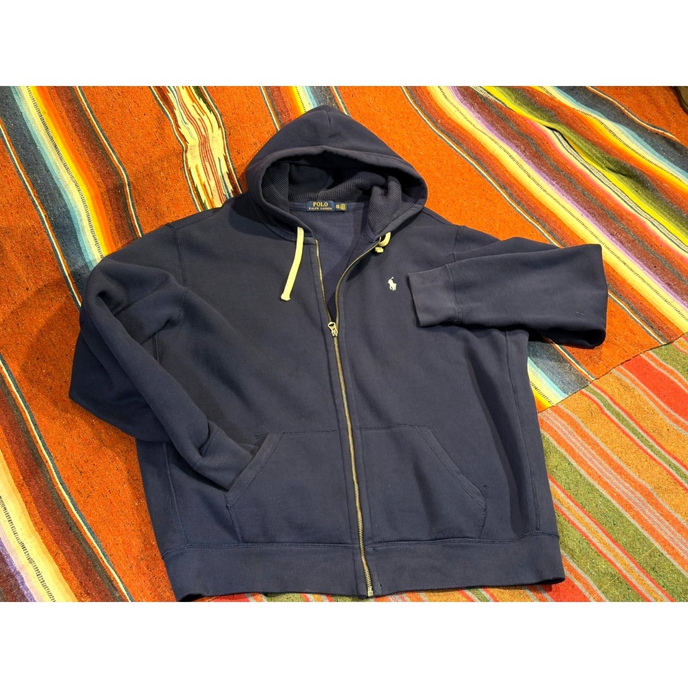 POLO Ralph Lauren Navy Full Zip Hoodie White Pony Thermal Lined Men Size XXL/TTG